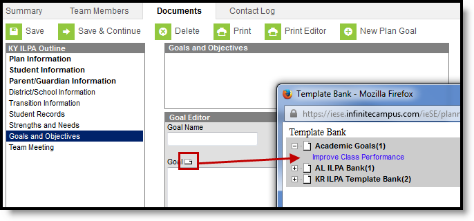 Screenshot of the Template Bank Icon in an ILPA Document.