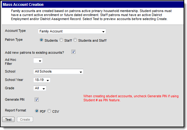 Screenshot of a family account mass account creation option.