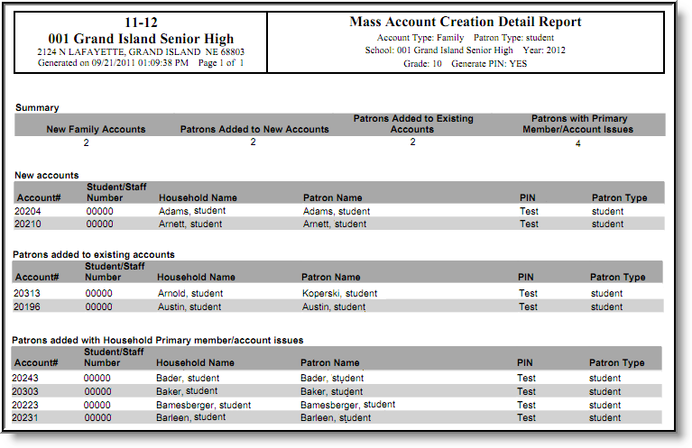 Screenshot of a Mass Account Creation Detail Report Example.