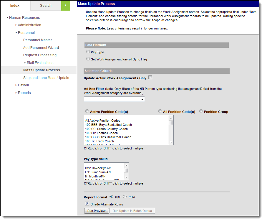 Screenshot of an Example Mass Update Process tool.