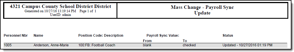 Screenshot of an Example Payroll Update Report.