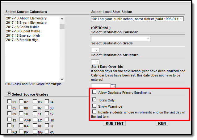Screenshot of the Enrollment Roll Forward checkboxes