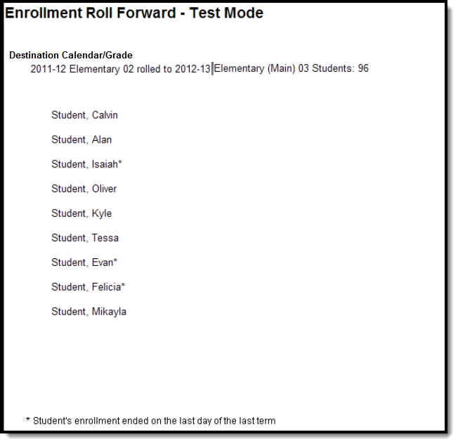 Screenshot of the Test Results when using the Enrollment Roll Forward tool. 