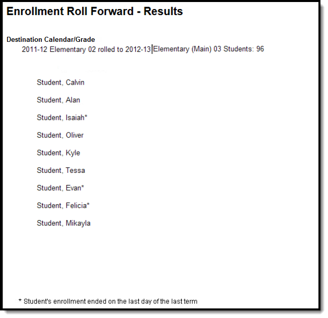 Screenshot of the Results report when using the Enrollment Roll Forward tool. 