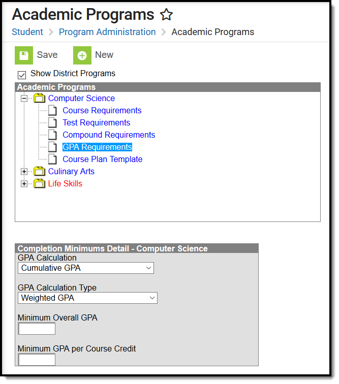 Screenshot of GPA requireements for minimum completion GPA for Computer Science.