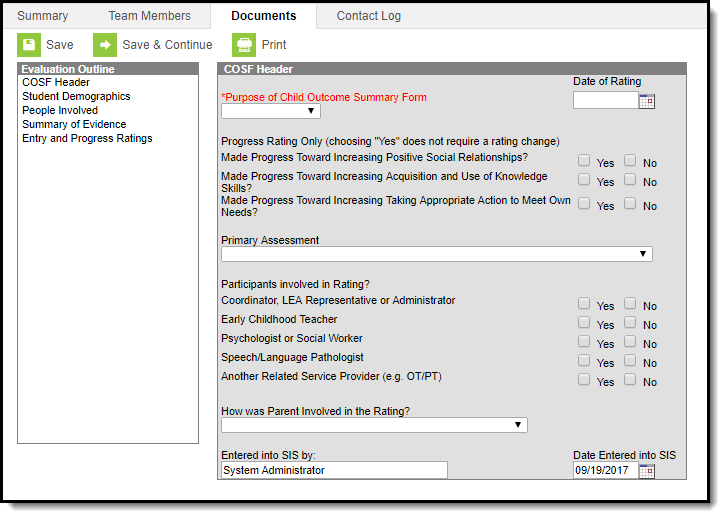 Screenshot of the child outcome summary form with the first editor selected. 