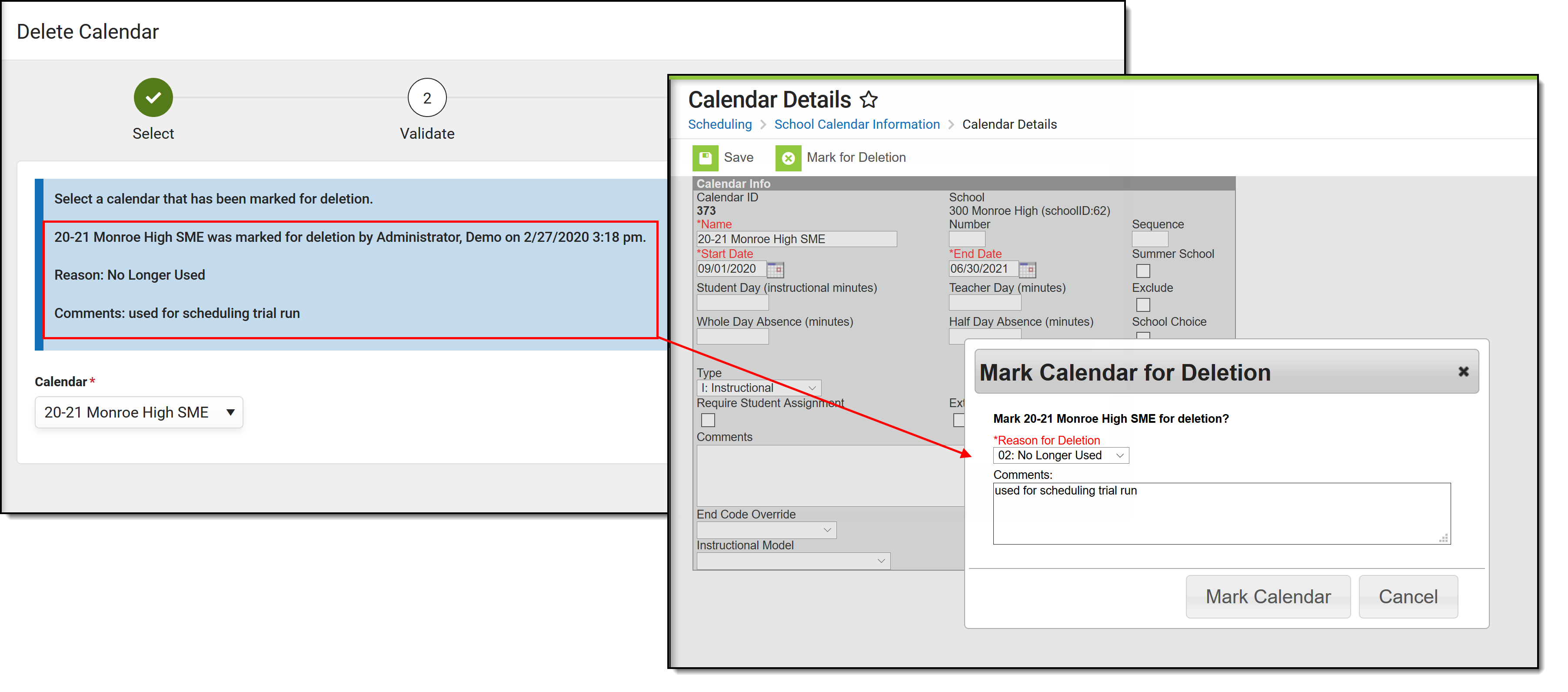 Screenshot of Mark Calendar For Deletion step in process.