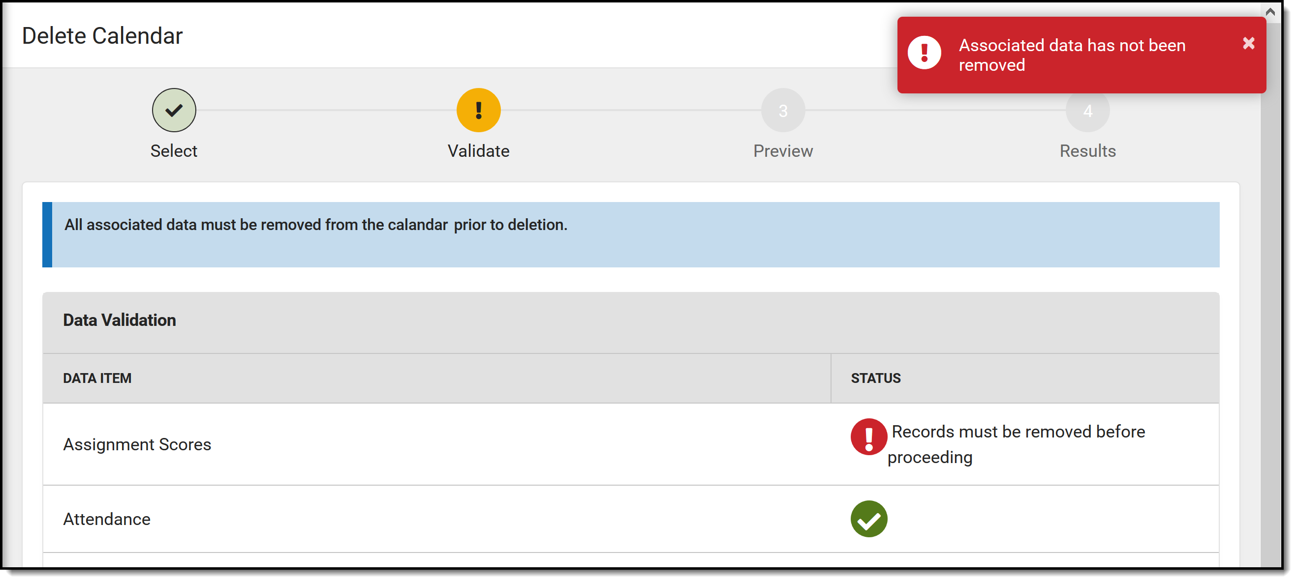 Screenshot of delete calendar validation screen.