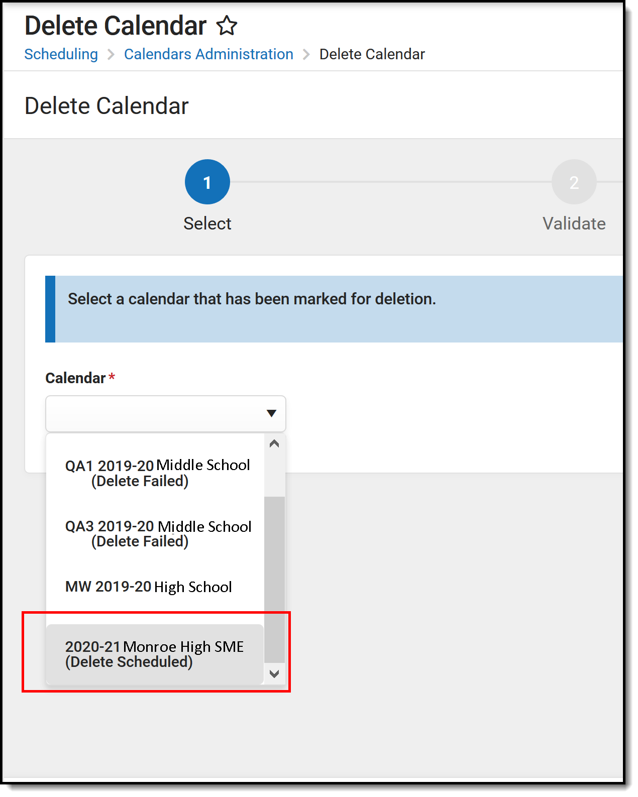 Screenshot of Delete Calendar with calendar being selected.