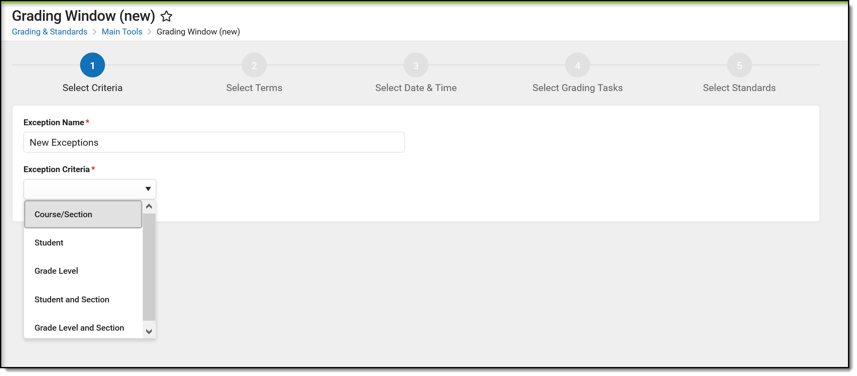 Screenshot showing how to select the exception criteria for a special grading window.