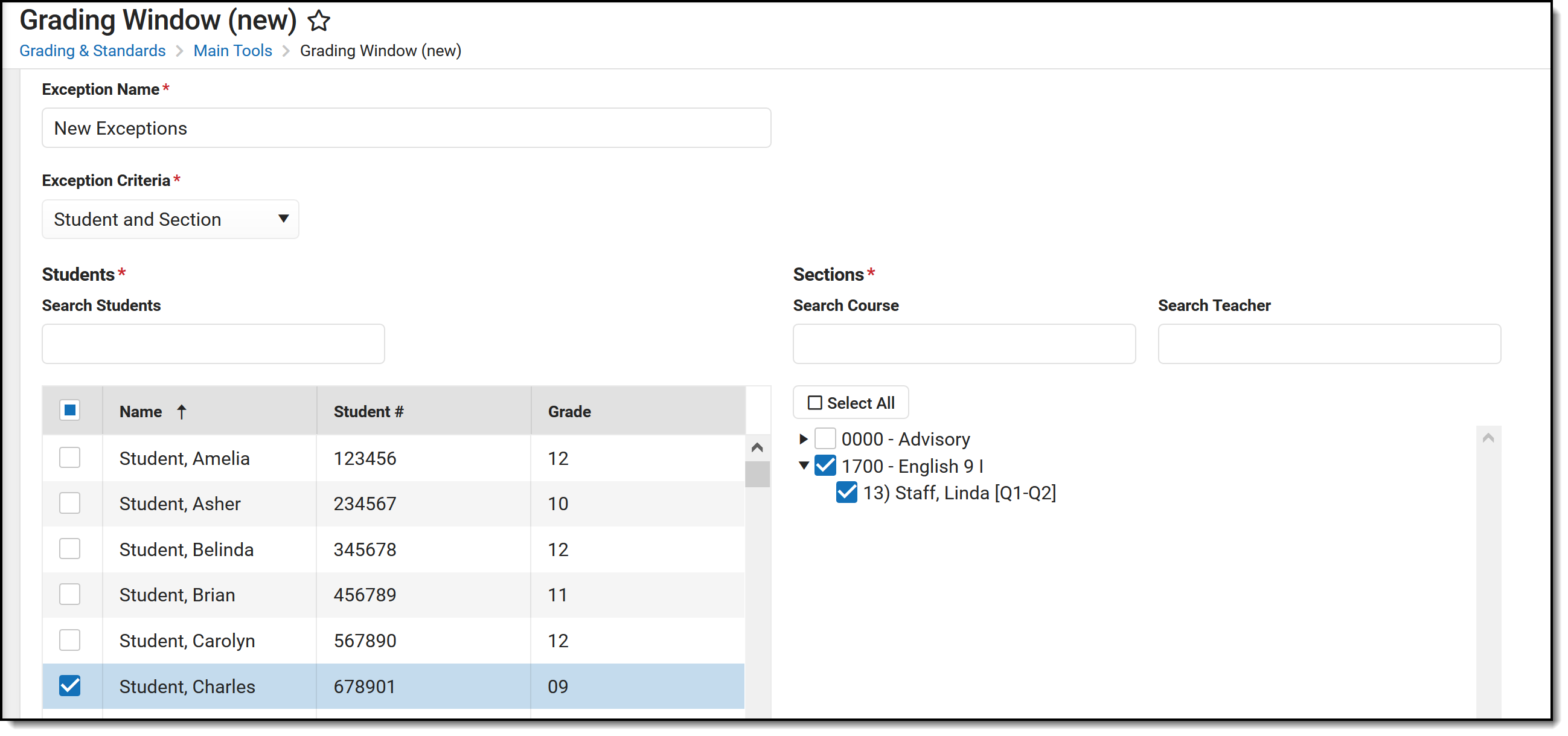 Screenshot showing example of student and section exception.