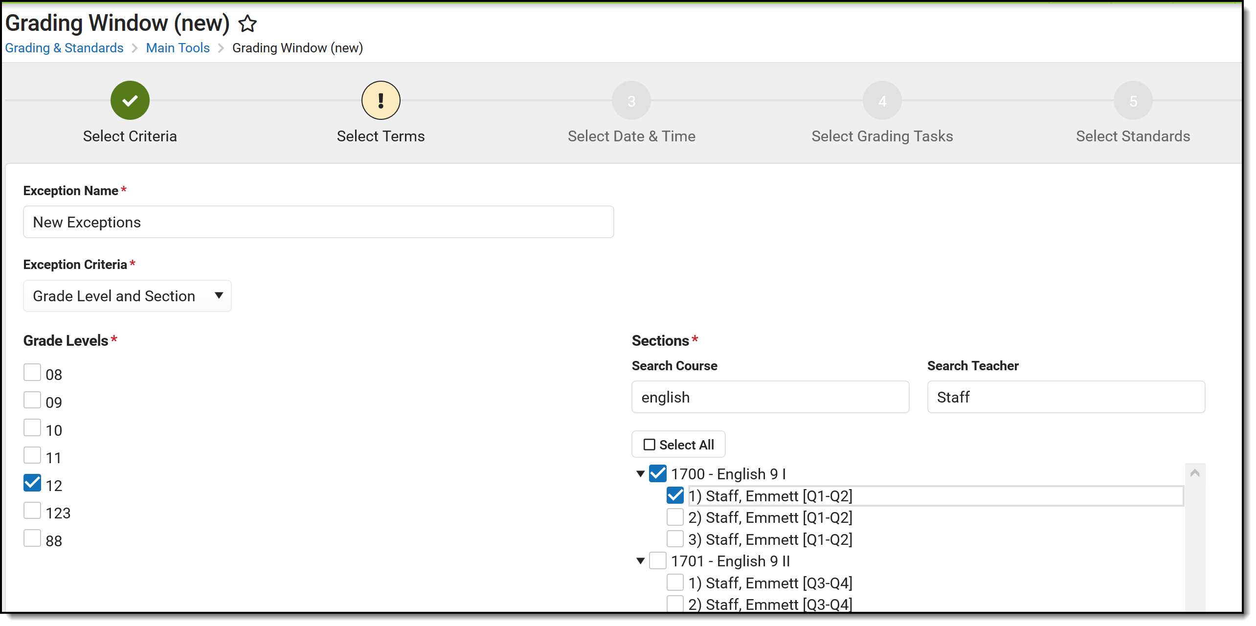 Screenshot showing example of a grade level and section exception.
