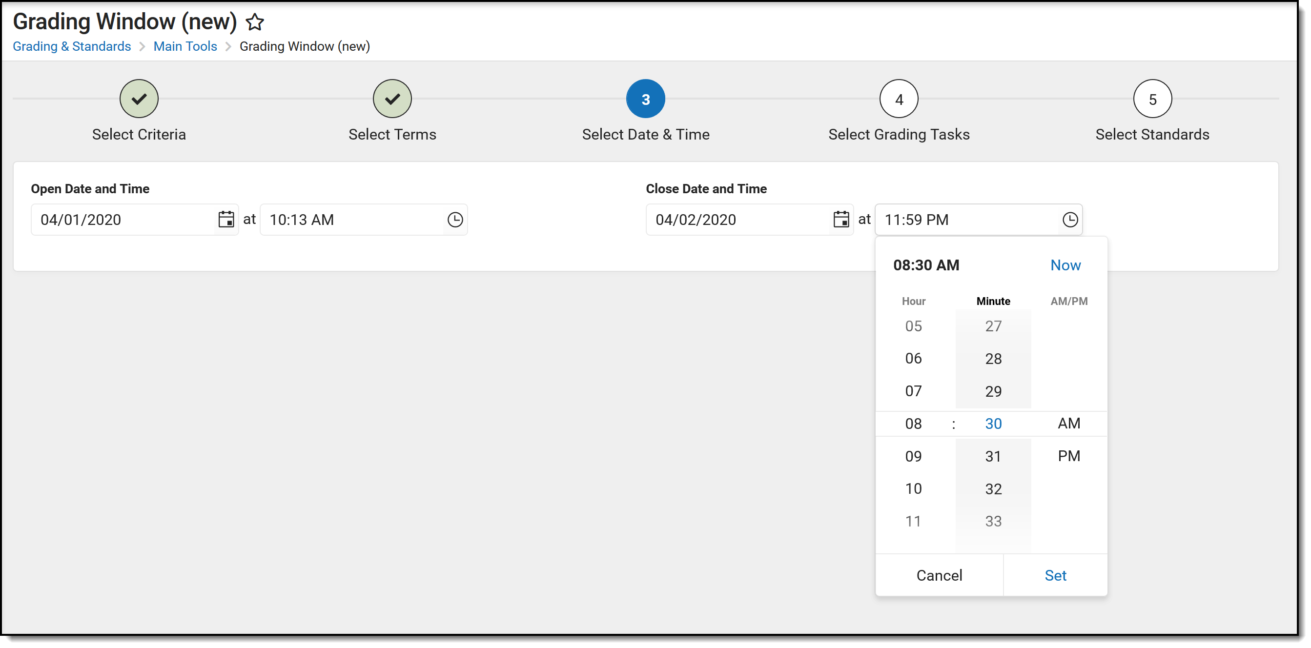 Screenshot showing how to select date and time for a grading window exception.