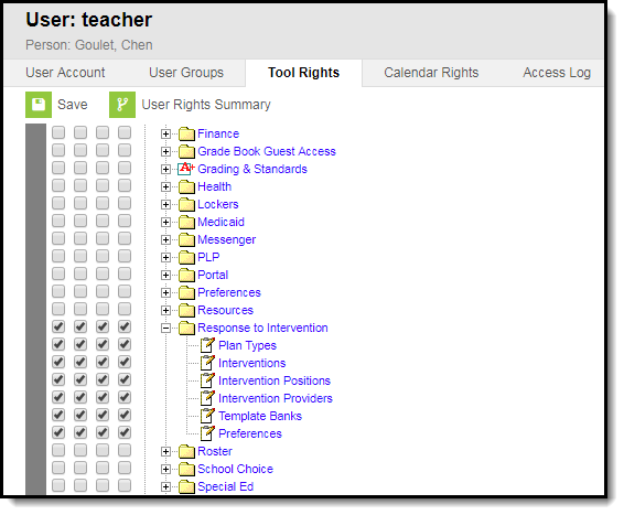 Screenshot of System Administration Response to Intervention Tool Rights.