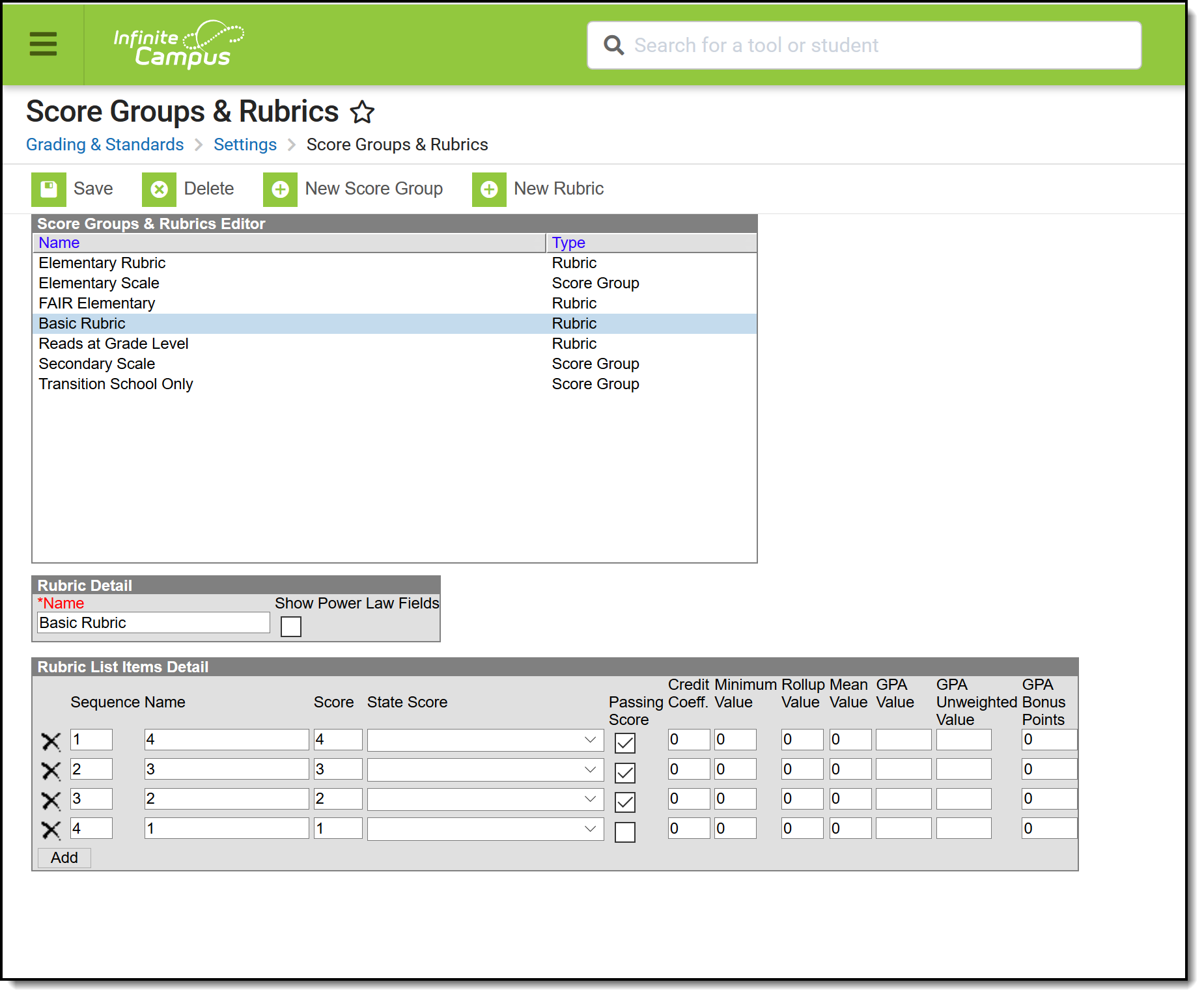 Screenshot of the Score Groups & Rubrics tool with sets listed and details displaying below for the selected rubric.