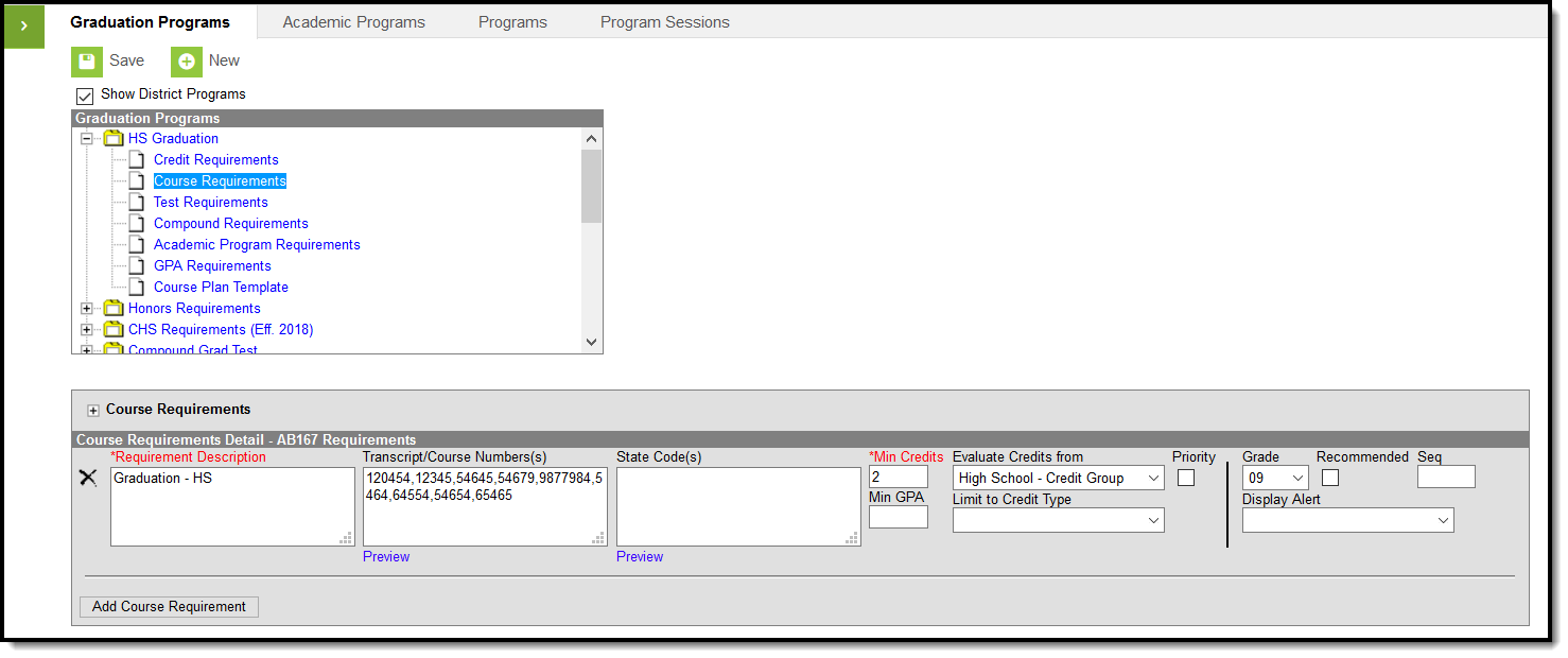 Screenshot of the Course Requirements editor of the Graduation Program tools. 
