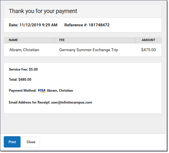 Screenshot of receipt after the Submit Payment button is clicked.