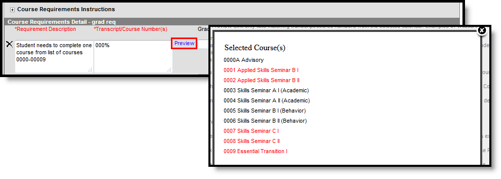 Screenshot of using the Percent Wildcard option to return transcripts and course numbers. 