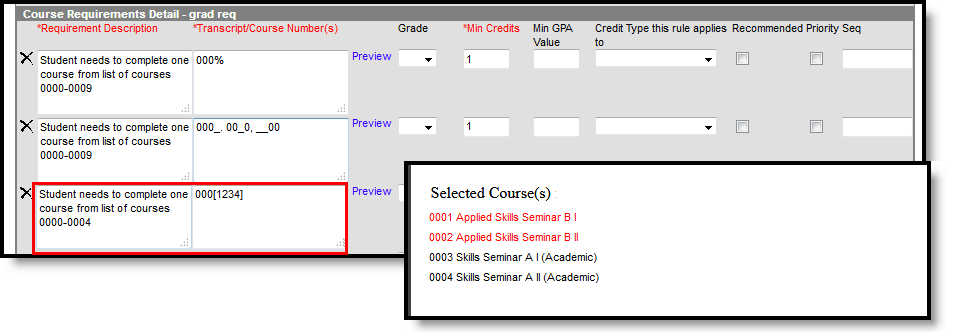 Screenshot of using the Brackets wildcard option to return course numbers and transcript records. 