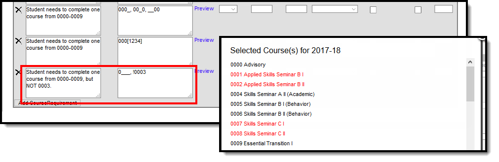 Screenshot of using the Exclamation Wildcard option to return course numbers and transcript entries. 