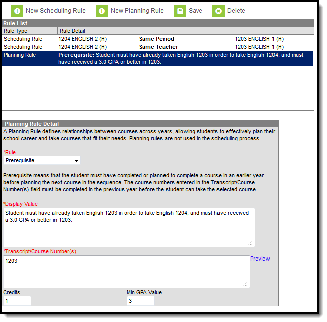 Screenshot of the Planning Rules editor. 