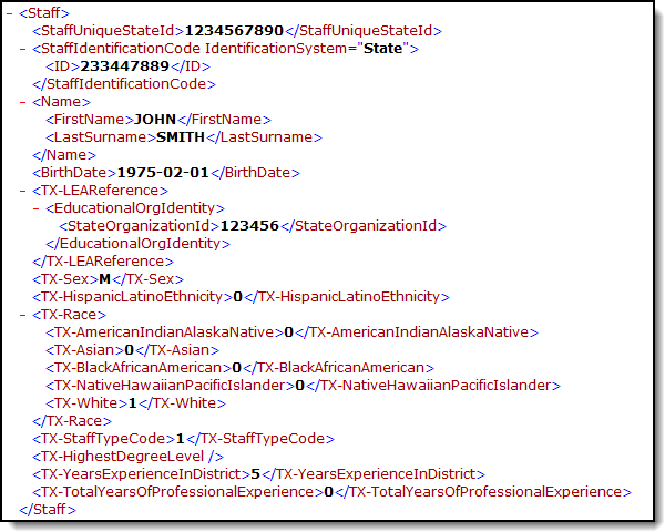 Example of the Staff extract in XML format.