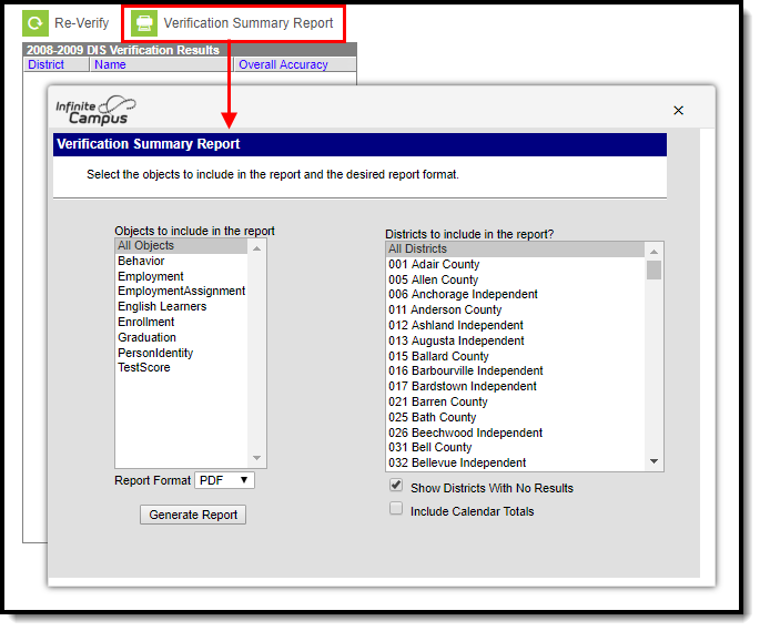 screenshot of selecting districts to view the verification summary report