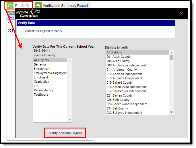 Screenshot of the Verify Summary tool. The Re-Verify button is highlighted. When clicked, the Verify Data wizard displays.