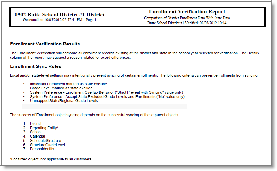 Screenshot showing an example of the Enrollment Verification Detail report showing the syncing rules.