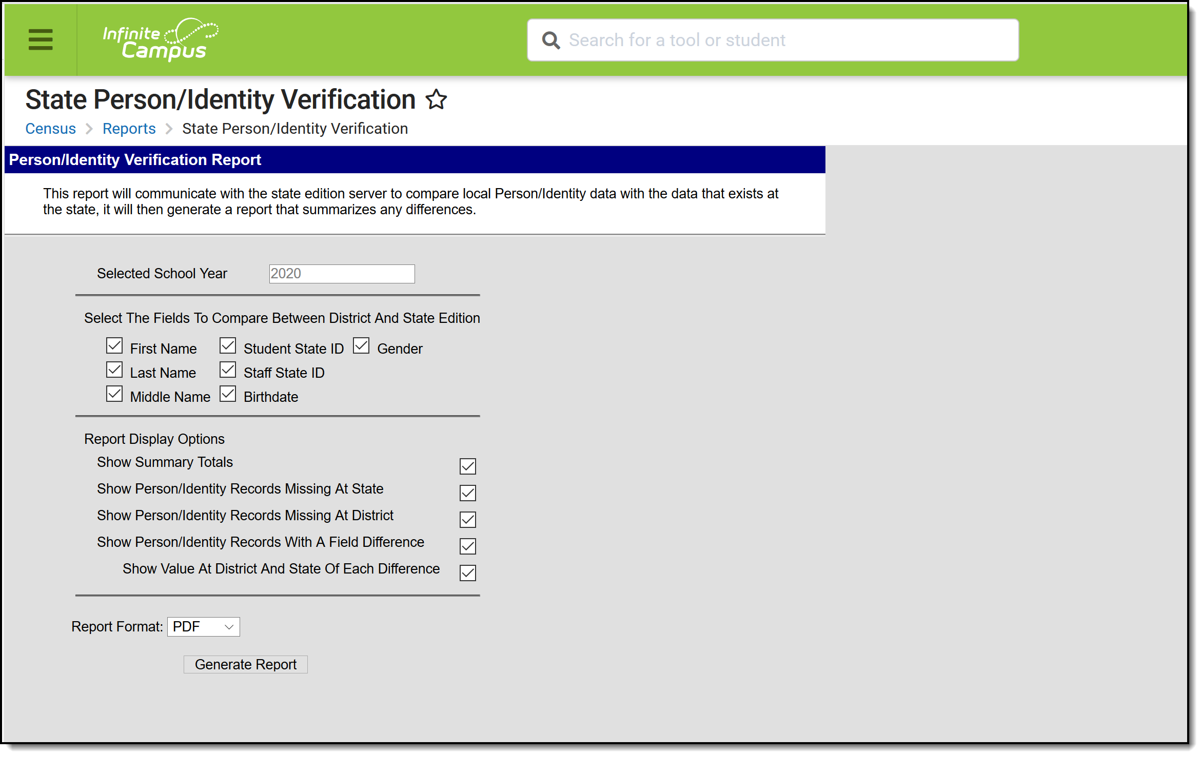 screenshot of the state person identity verification report.