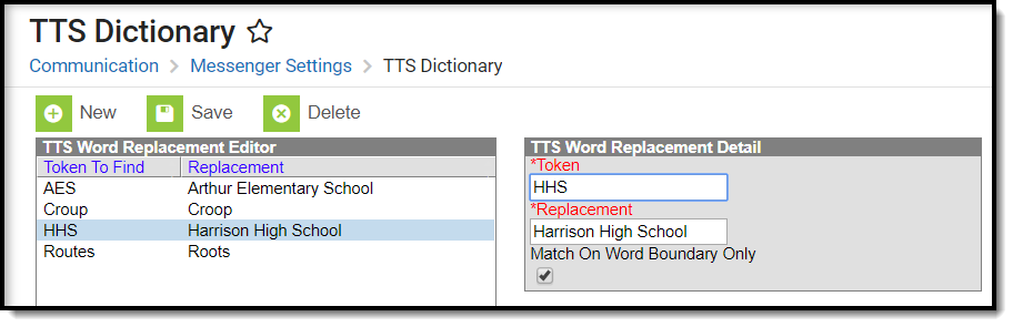 Screenshot of TTS Dictionary, showing an abbreviation added as a token and the words it stands for as the replacement.