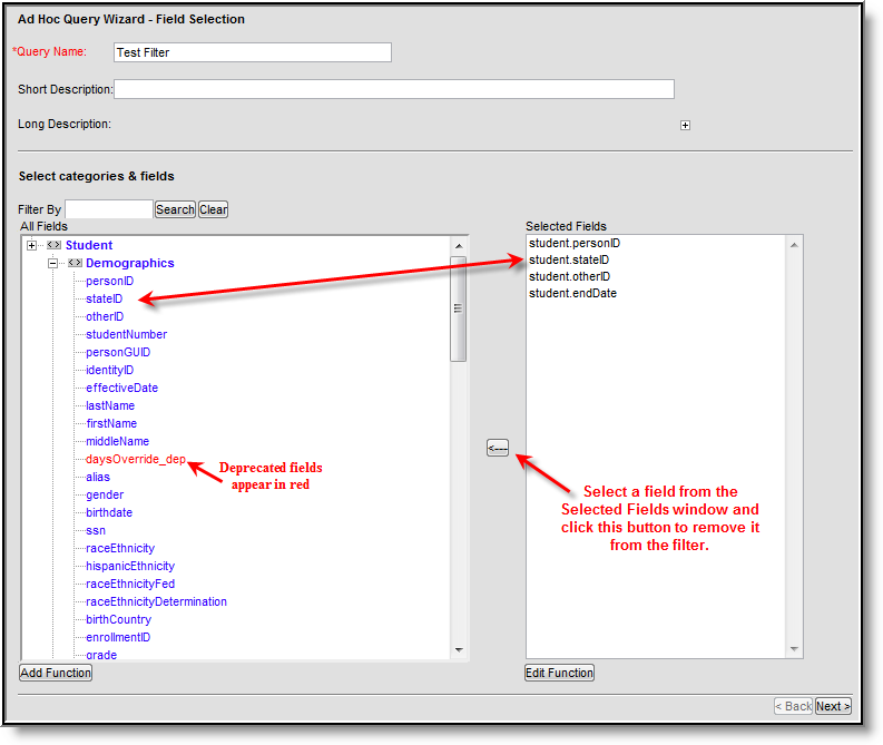 screenshot describing how to add and remove filter fields