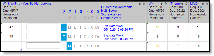 Screenshot of assignments in the grade book, with one assignment expanded to show flags and additional links to scoring tools and student submissions.  