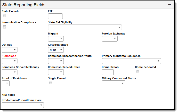 Image of the enrollment State Reporting Fields.