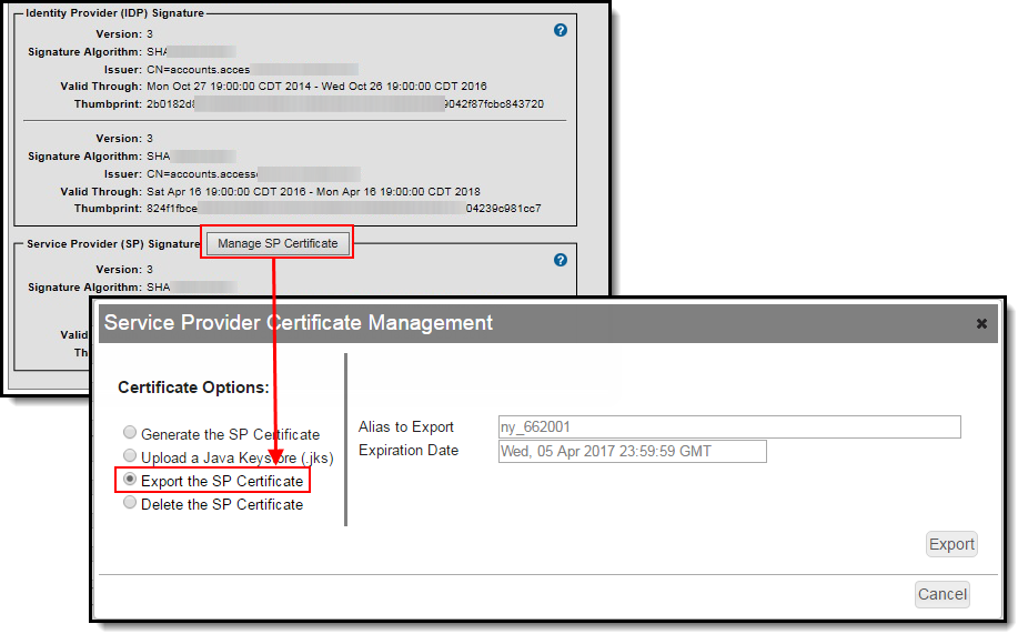 Screenshot of Exporting the Service Provider Certificate