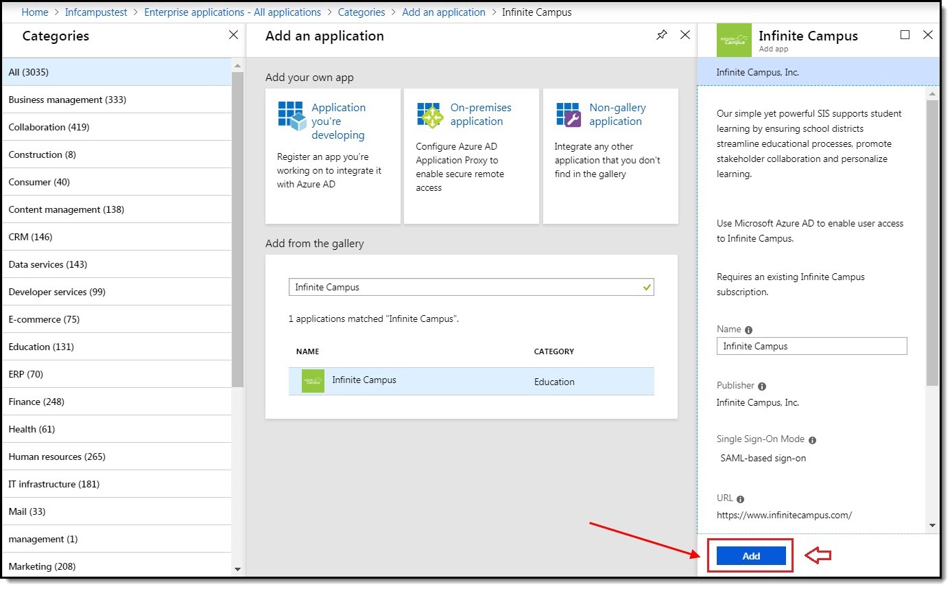 Screenshot of Azure AD Administrative View of Adding the Infinite Campus Azure Application Configuration