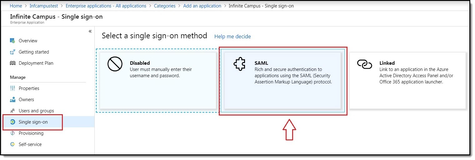 Screenshot of Adding the SAML SSO Configuration to the Infinite Campus Azure Enterprise Application Configuration