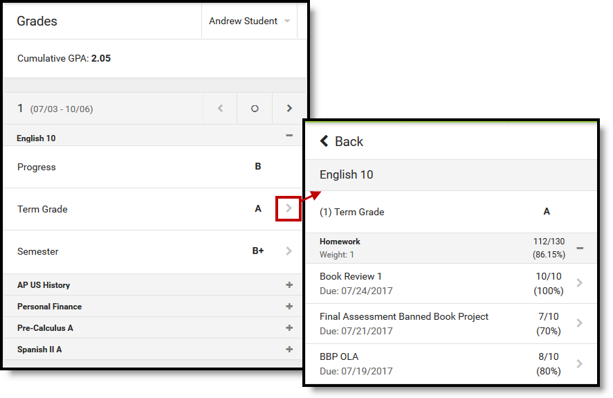 Two-part screenshot of the grades tool in Campus Student and parent and the grade detail view.  