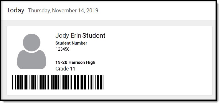 Screenshot showing the student number barcode displaying on the home screen. 