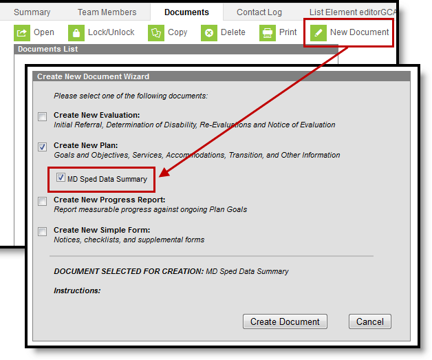 Two-part screenshot of the Documents tool with the New Document button highlighted and the Create New Doc Wizard that displays, highlighting the print format.