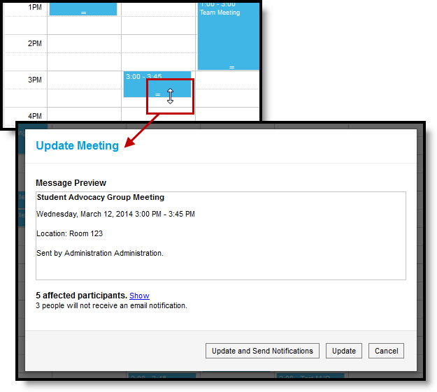 Two-part screenshot showing a meeting on the meeting calendar dragged down by fifteen minutes and the Update Meeting pop-up that displays after the action.