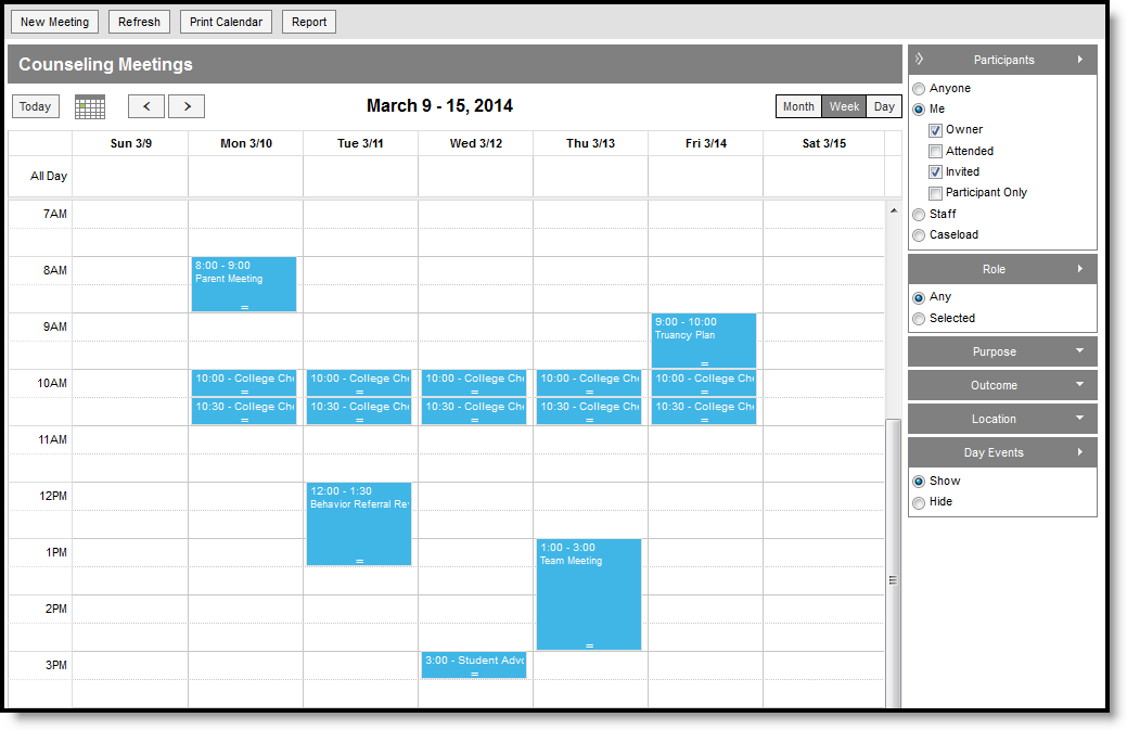 Screenshot of an overview of the Meetings Calendar.