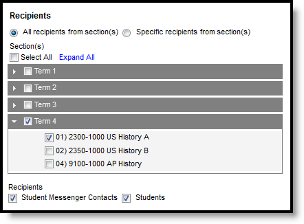 Screenshot of the Recipients selection step, with all recipients from a section for a term selected. 