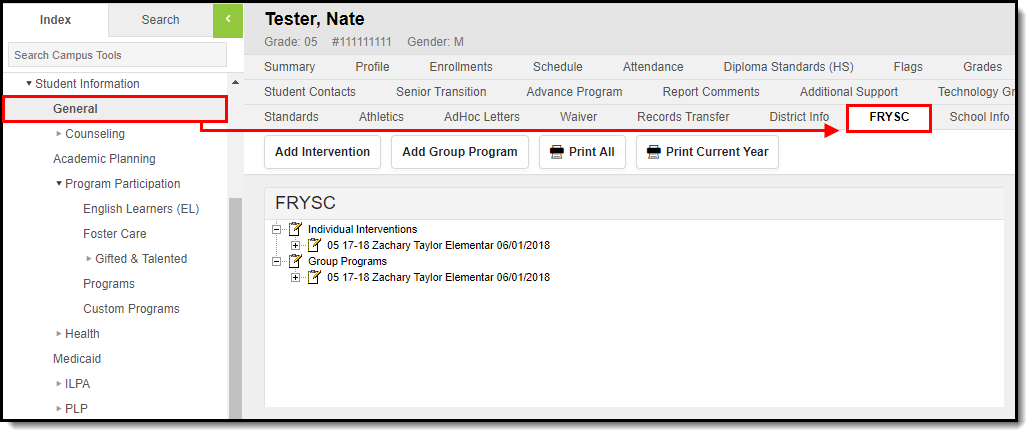 Screenshot of the FRYSC student tab indicating where it is located within the Index.