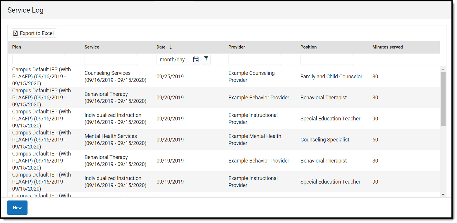 Screenshot of the Service Log List Screen.