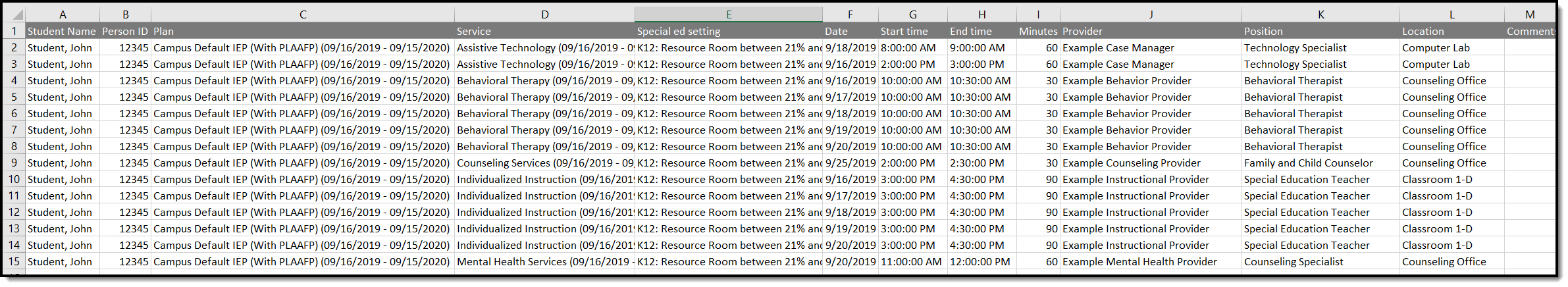 Image of Excel Export example of the Service Log