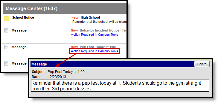 Screenshot highlighting the 'Action Required in Campus Tools' link and the inbox message that displays when the link is clicked.  