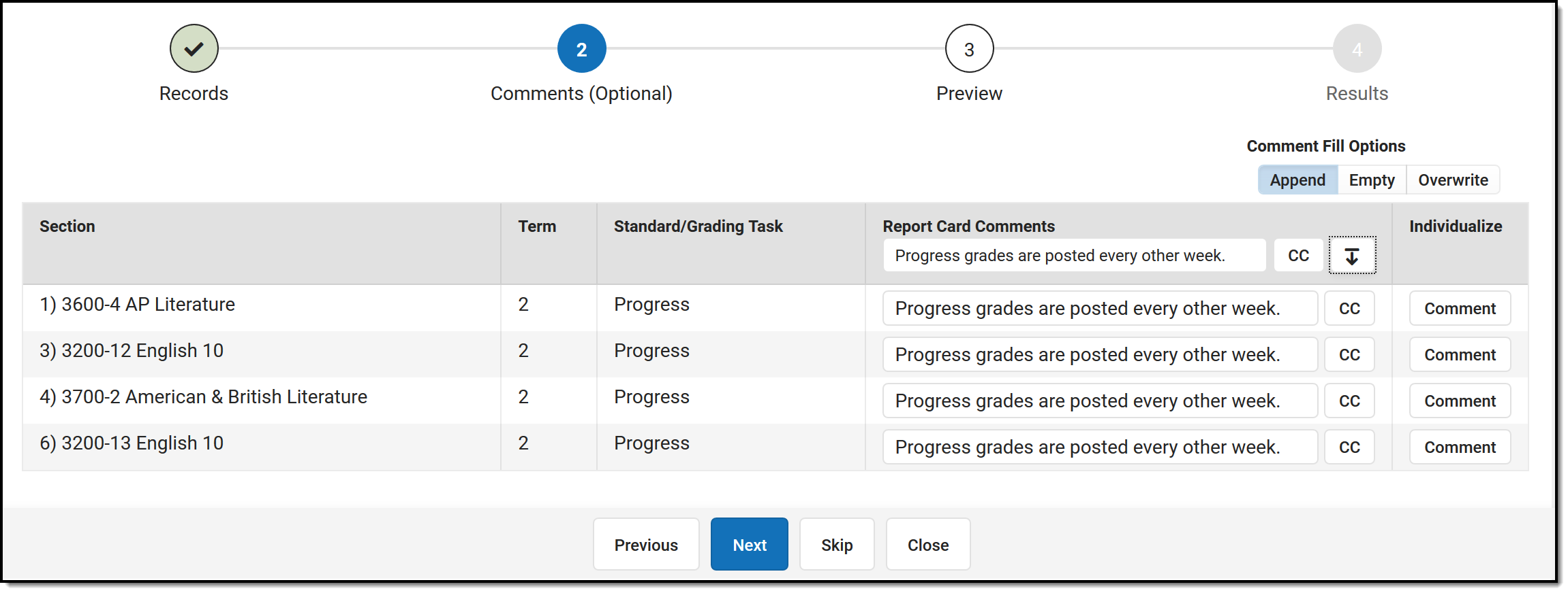Screenshot of step 2 of the multi-post wizard with a Report Card Comments field for each section. 