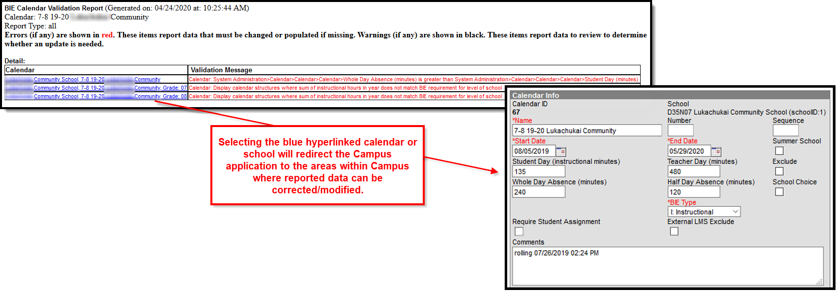 Screenshot of the calendar hyperlink in report and Calendar information page.