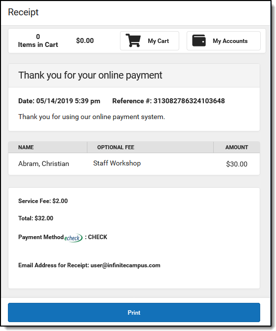 Screenshot of a sample receipt. 